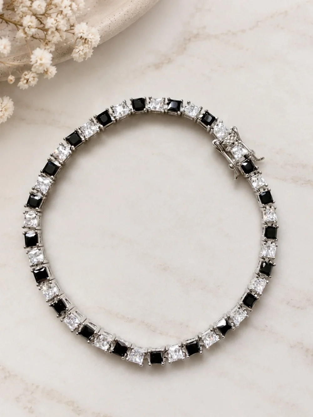 925 Sterling Silver Black & Clear CZ Tennis Bracelet | Excellent Condition